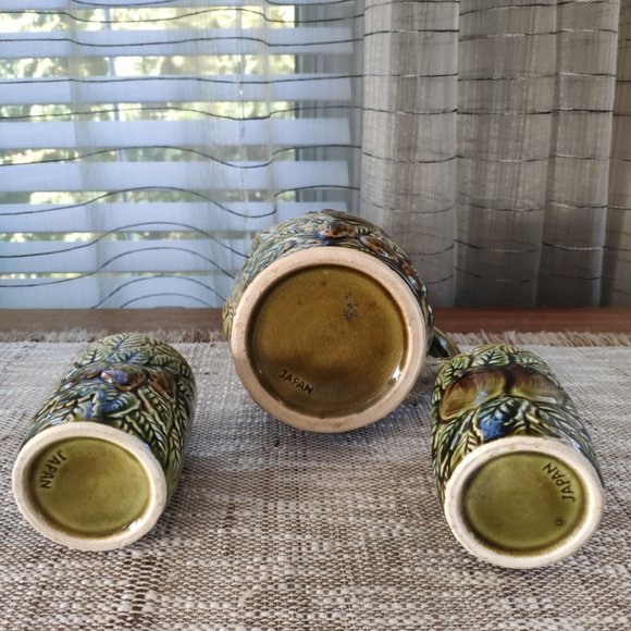 MCM Green Pitcher Set of 3 Reliefed Ceramic VTG Fruit Motif Pitcher and Tumblers - Picture 3 of 12